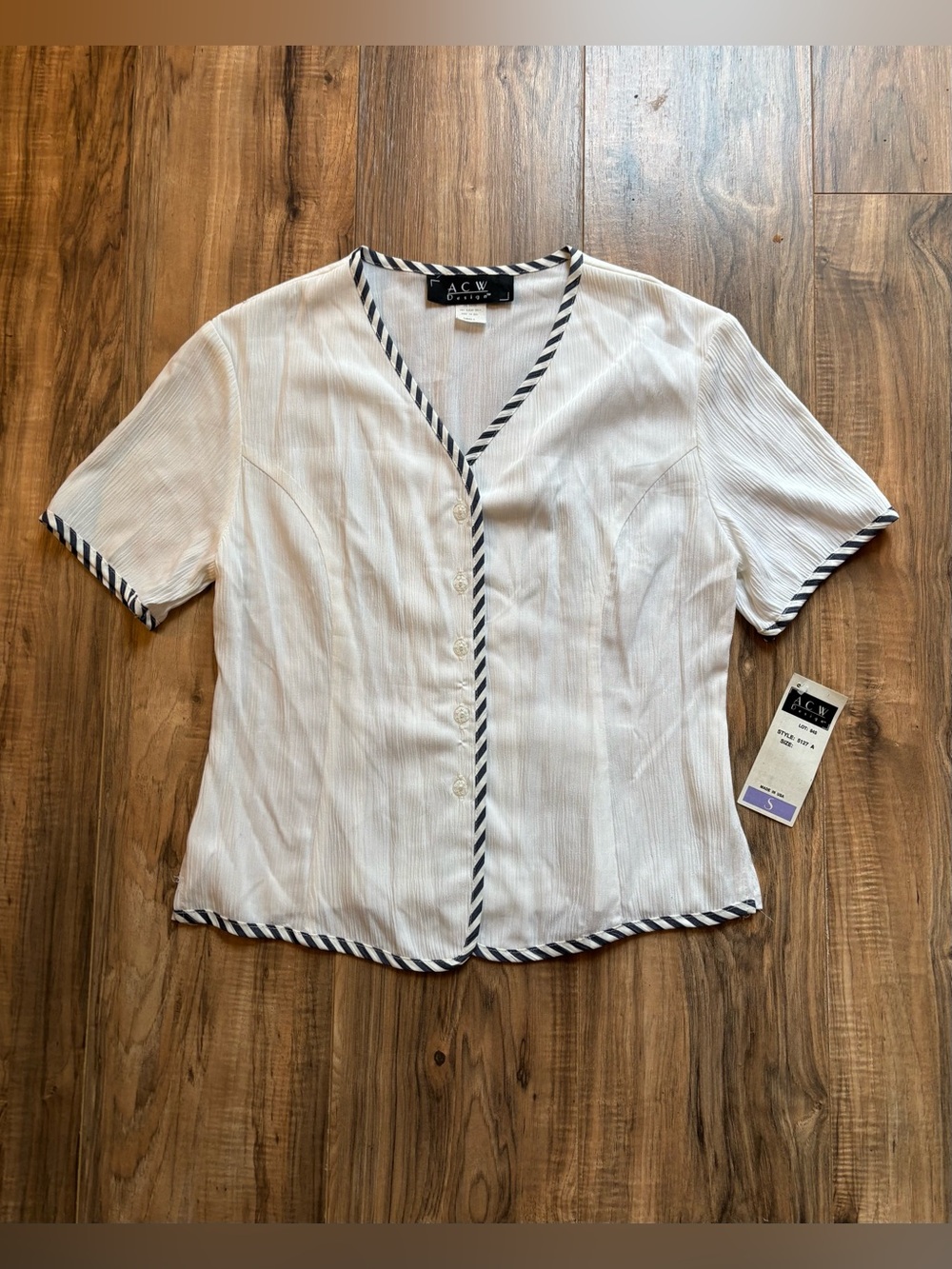 NWT Vintage ACW Design White Button Front Blouse Navy Trim Made USA Small